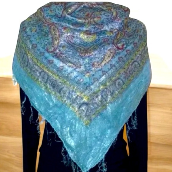 Elegant Ladies Fashion Scarf in Shimmery Aqua Paisley Print - Picture 2 of 5